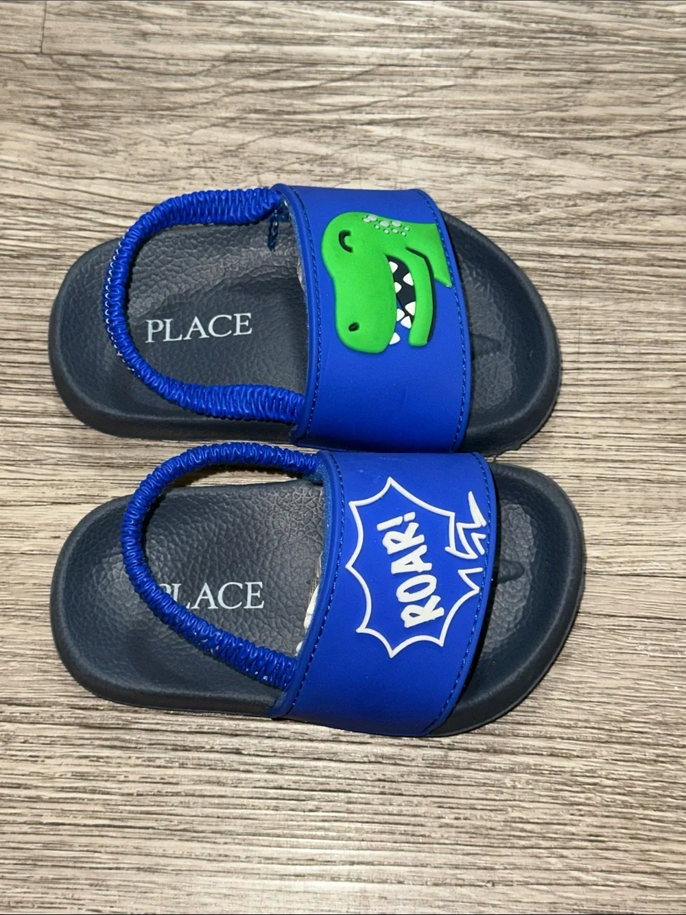 The Children's Place Blue Slide Sandals with Green Dinosaur and 'ROAR'